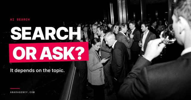 A crowded rooftop reception where one guest checks her phone, with the words Search or ask?