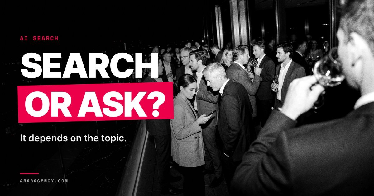 A crowded rooftop reception where one guest checks her phone, with the words Search or ask?