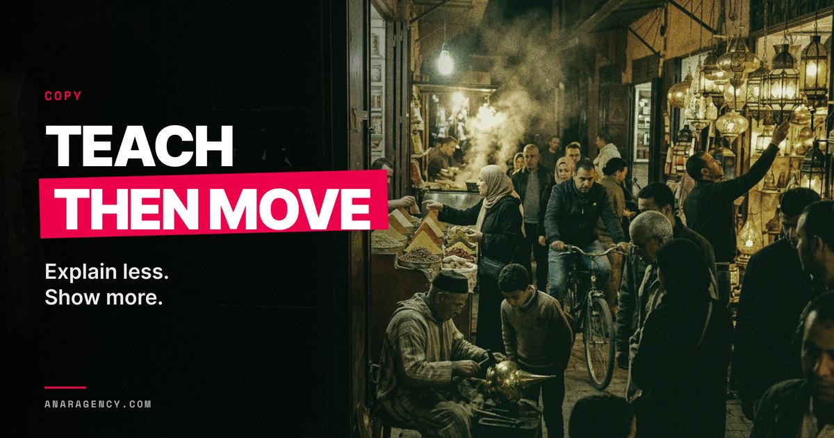 Featured image for the article: TEACH THEN MOVE. Explain less. Show more.